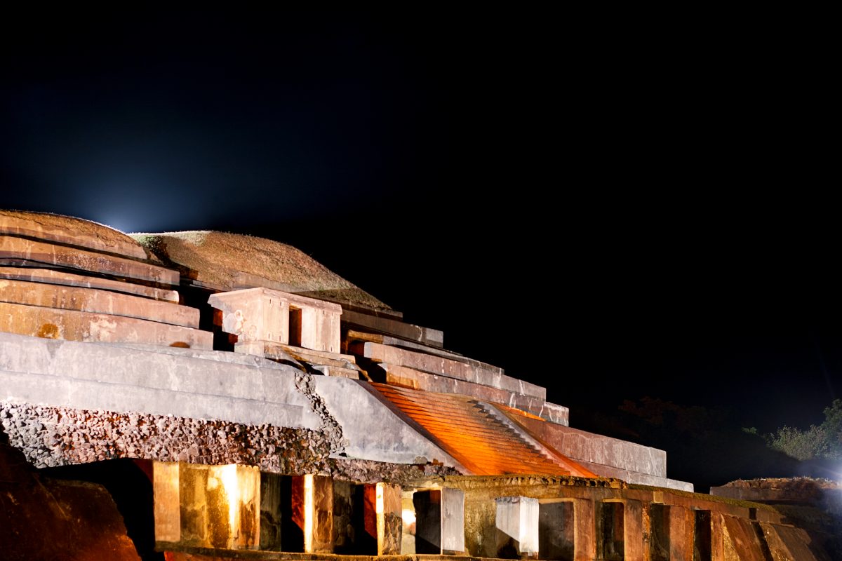 The Tazumal ruins illuminated at night