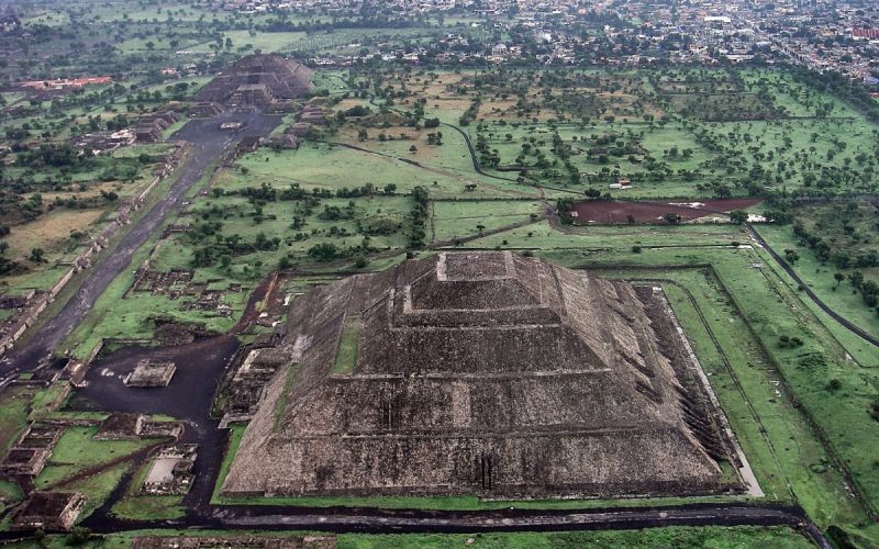 Aerial view of the ancient city of Teotihuacan and its great pyramids