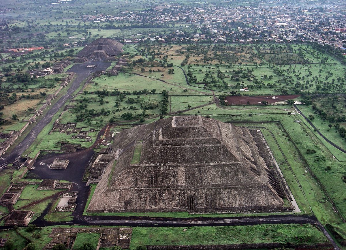 Aerial view of the ancient city of Teotihuacan and its great pyramids