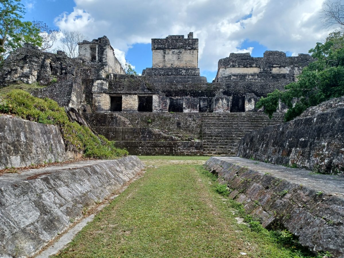 View of the central ballcourt looking toward the Central Acropolis at Tikal