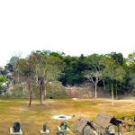Panoramic view of the Great Plaza at Tikal with Temple I and Temple II in Guatemala
