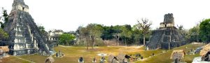 Panoramic view of the Great Plaza at Tikal with Temple I and Temple II in Guatemala