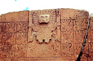 Detail of the carved relief figures on the Gate of the Sun at Tiwanaku