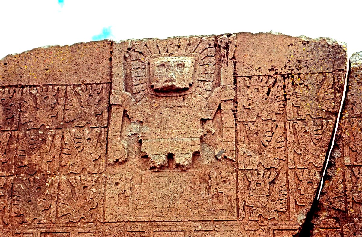 Detail of the carved relief figures on the Gate of the Sun at Tiwanaku