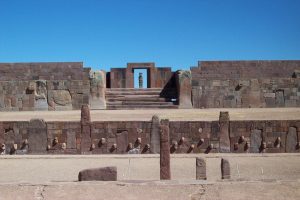 The semi-subterranean sunken courtyard temple at Tiwanaku with carved tenon heads