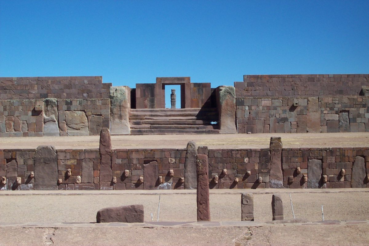 The semi-subterranean sunken courtyard temple at Tiwanaku with carved tenon heads