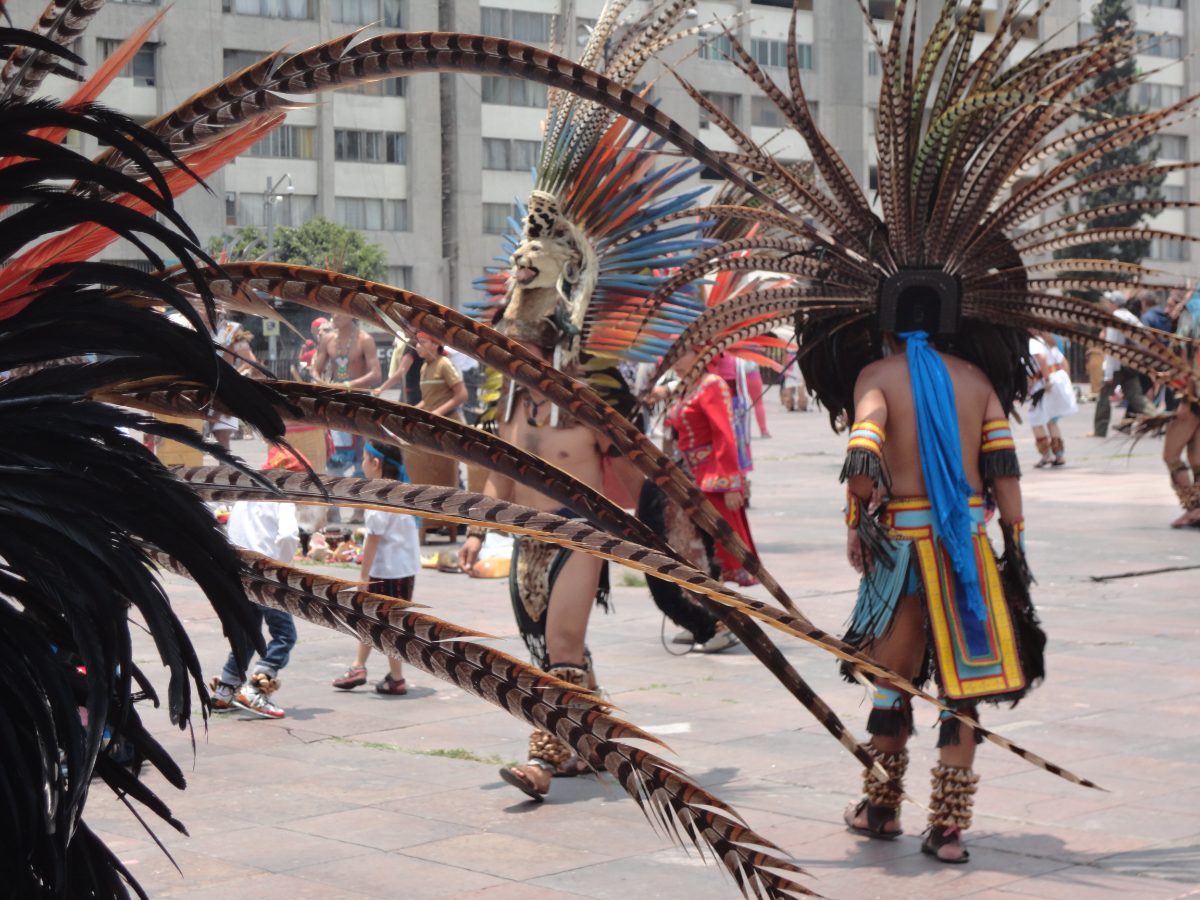 Prehispanic dance performance held at the Tlatelolco archaeological site today