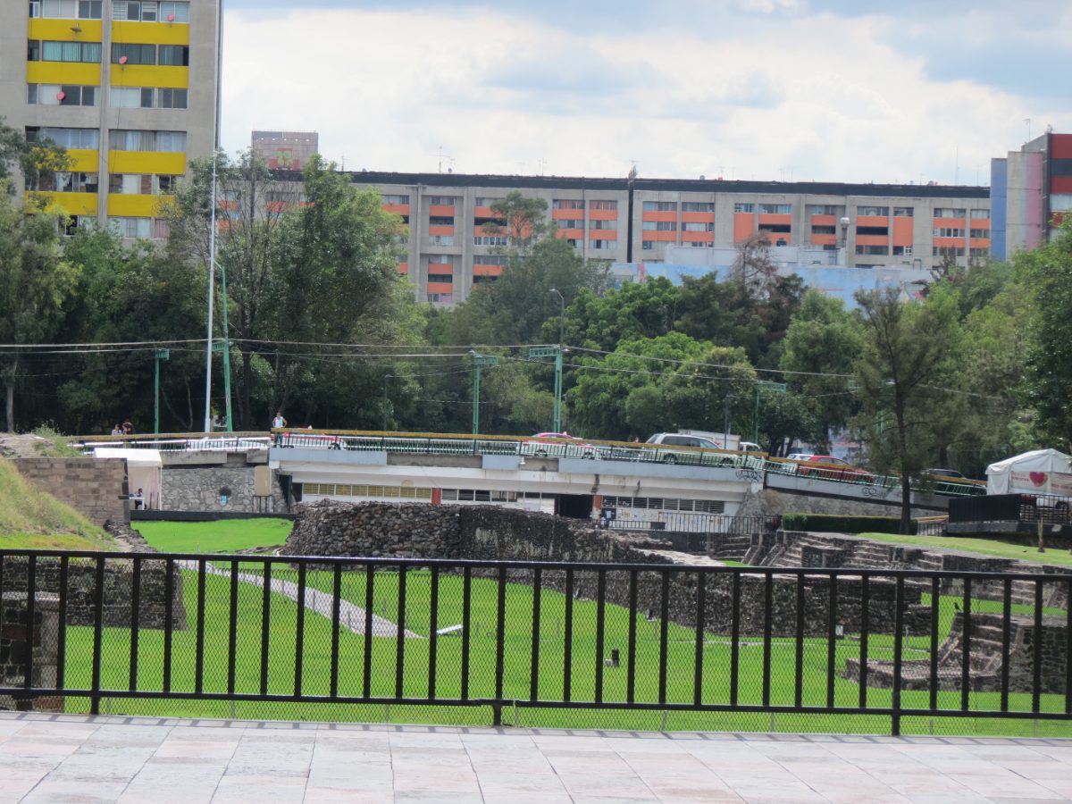 View of the Tlatelolco ruins from the Plaza de las Tres Culturas