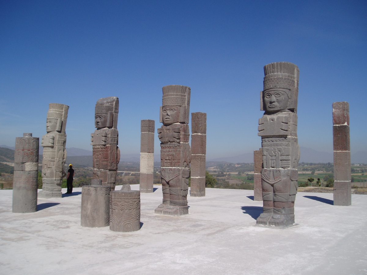 Carved stone Atlantes columns at the Tula archaeological site