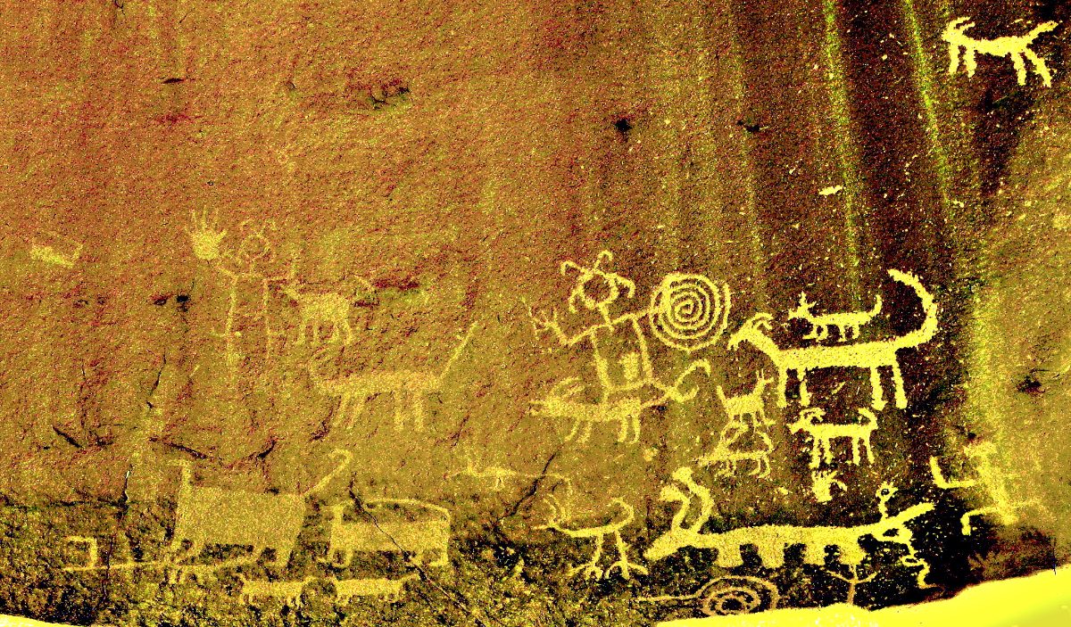 Ancestral Puebloan petroglyphs carved into rock at Una Vida, Chaco Canyon