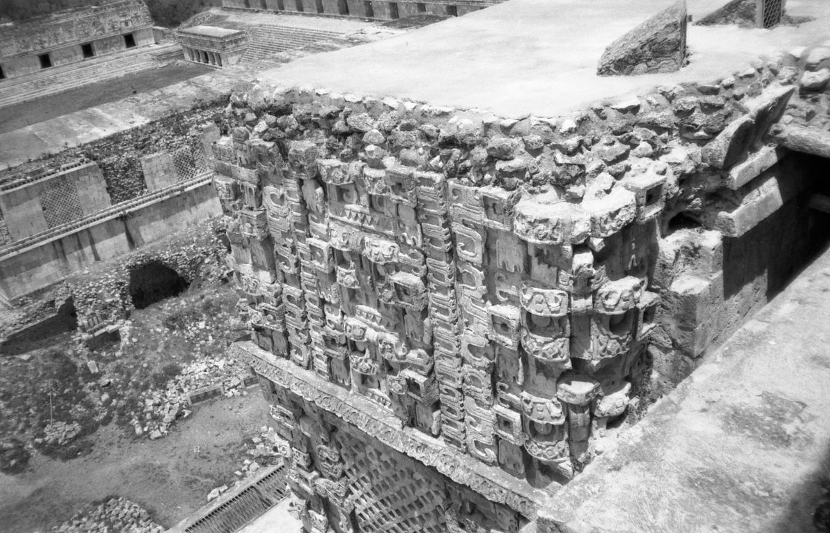Close detail of carved stonework on the Pyramid of the Magician at Uxmal