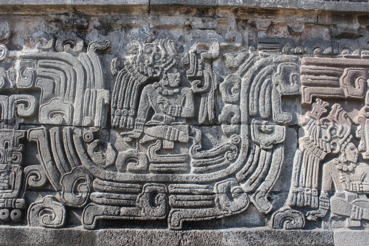 Carved relief of a seated ruler on the Temple of the Feathered Serpent at Xochicalco