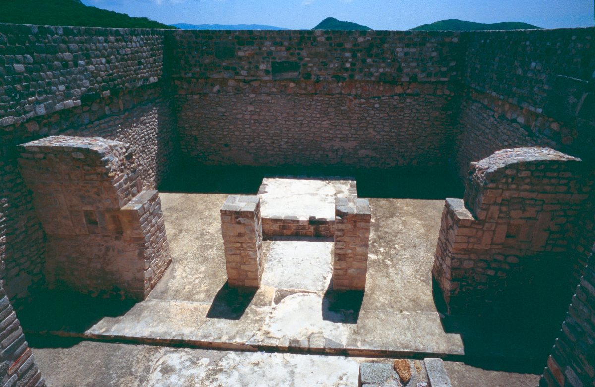 Feathered serpent relief panel carved into the pyramid facade at Xochicalco