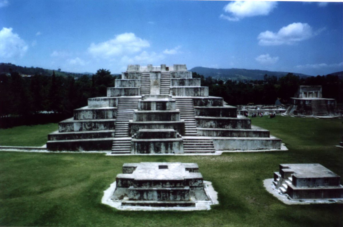A restored plastered temple structure at Zaculeu