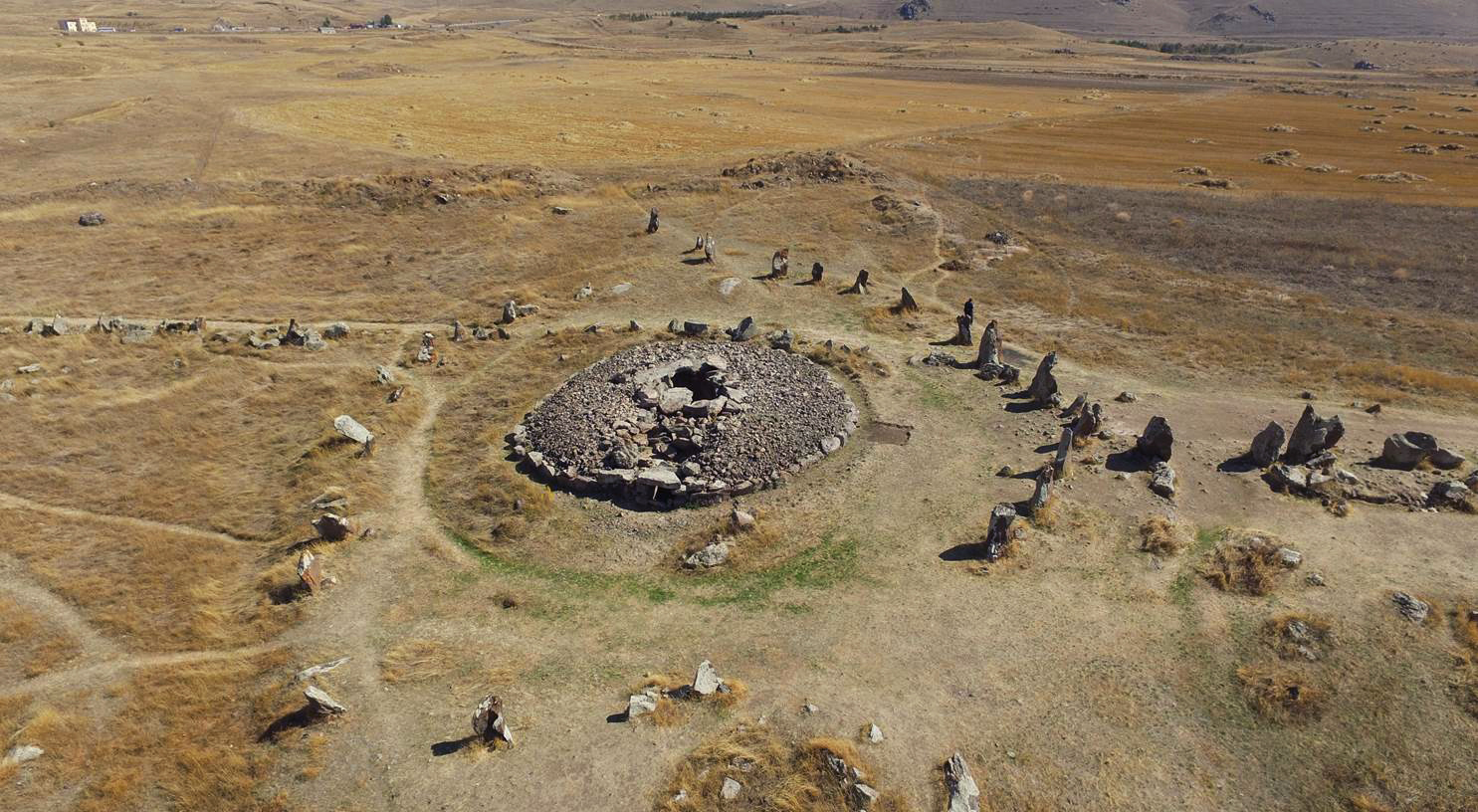 Aerial view of the Zorats Karer stone circle in southern Armenia