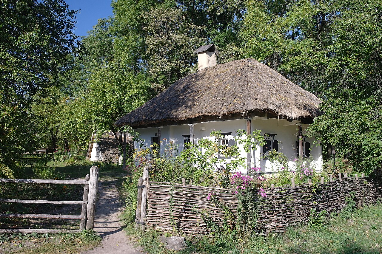 A traditional Ukrainian village house at the Pyrohiv open-air museum near Kyiv