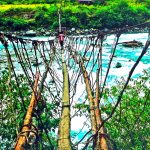 A traditional cane bridge slung across the gorge, the old way across the Dulong River