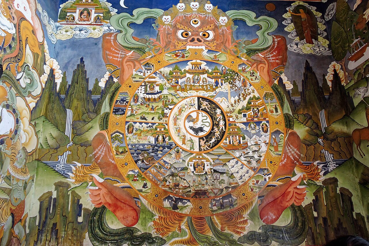 The Bhavachakra, the Buddhist Wheel of Life, painted at Tawang Monastery