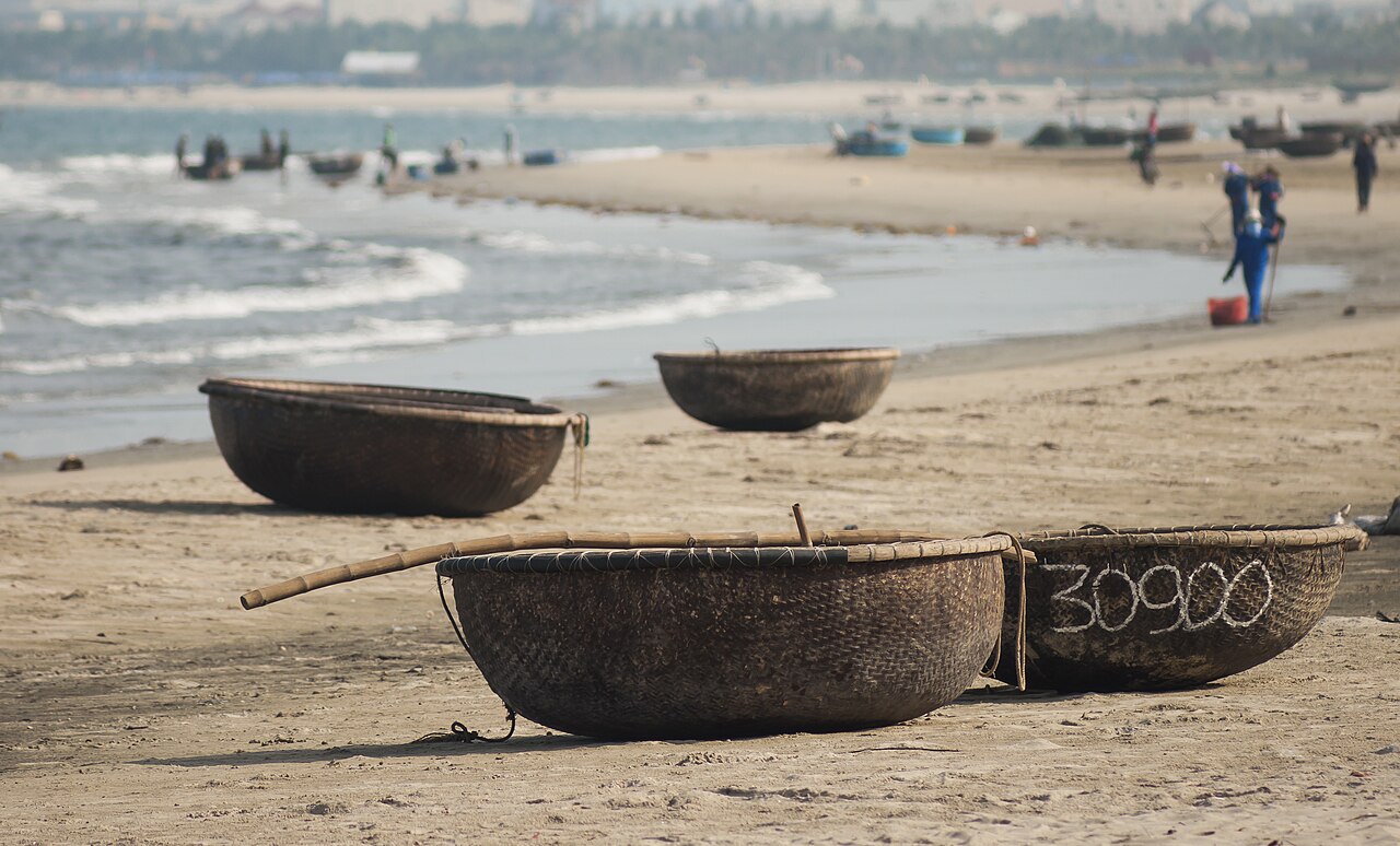 Round basket boats of the kind used by Vietnamese and Jing fishers along the gulf coast
