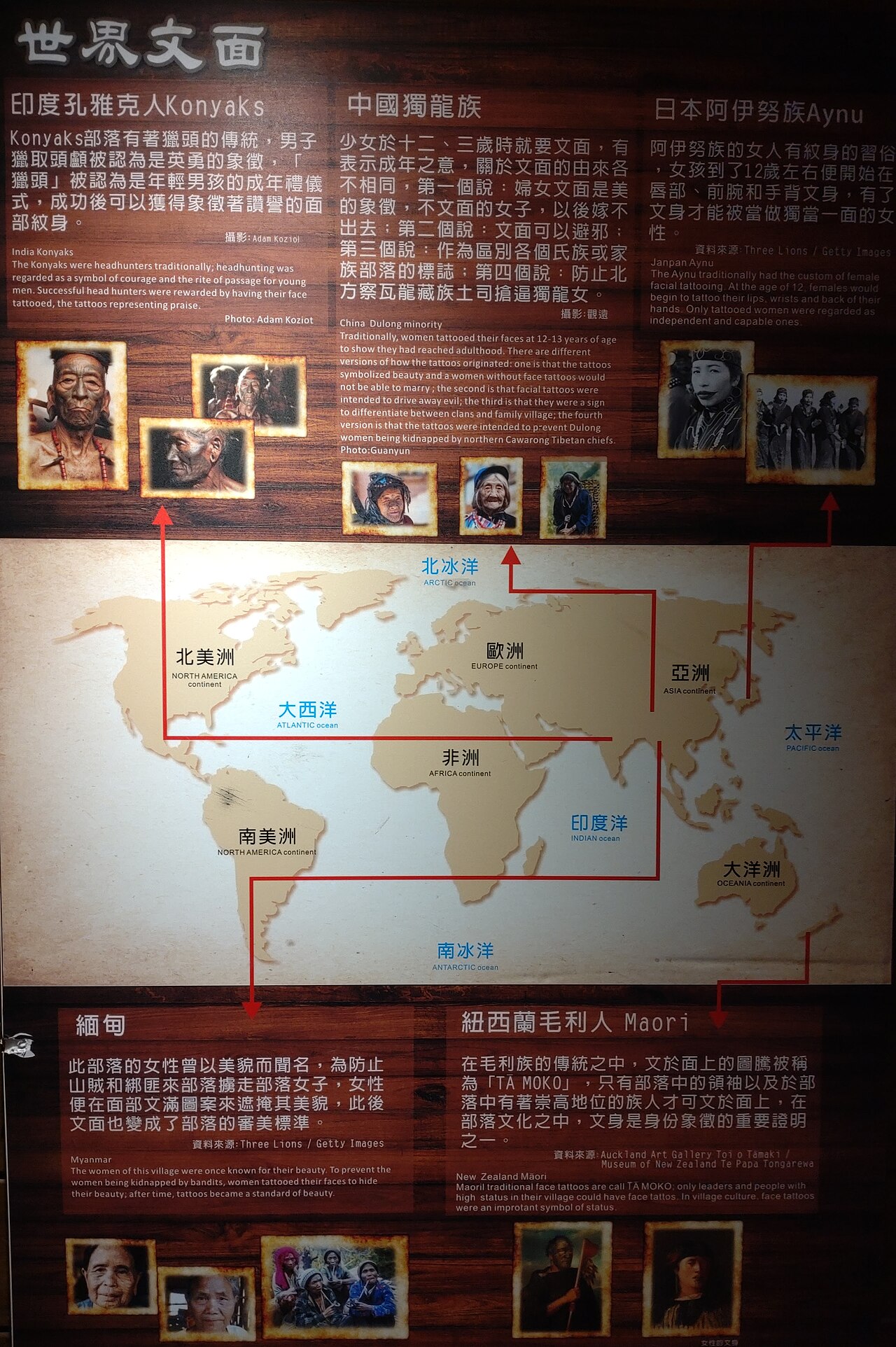 A display of facial-tattoo customs of the world, a practice once borne by Derung women