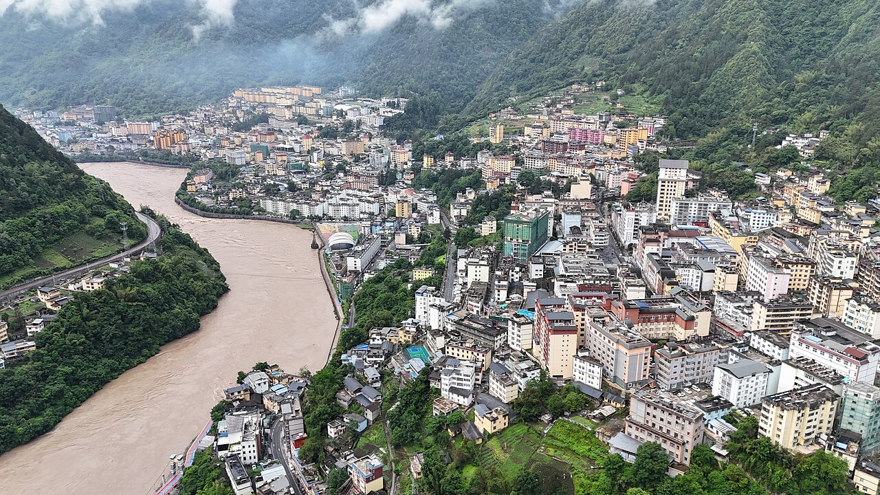 An aerial view of the Gongshan county seat, administrative center of the Derung today