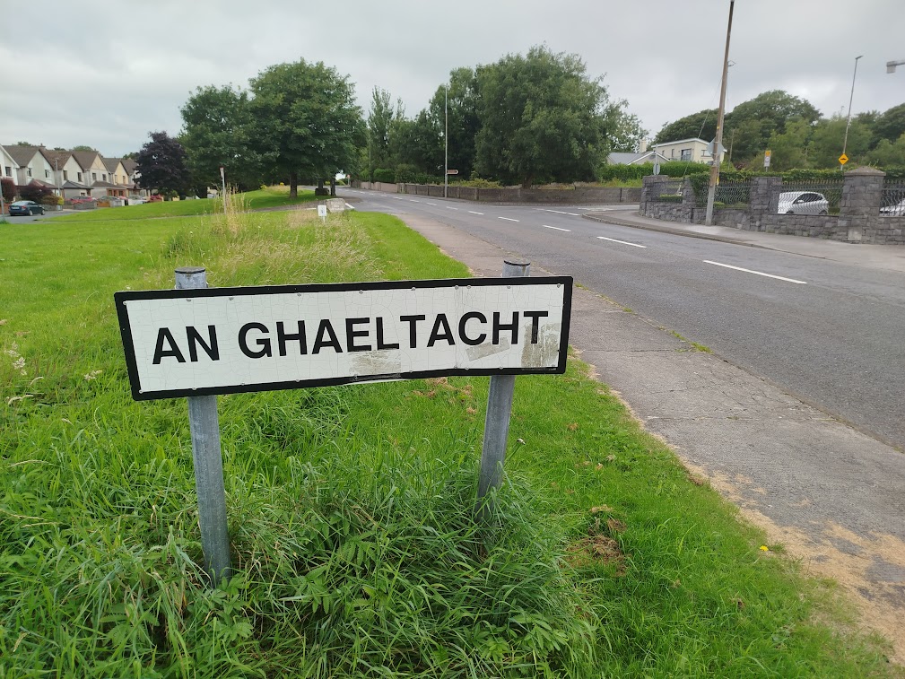 A Gaeltacht sign marking an Irish-speaking district, badge of Gaelic identity