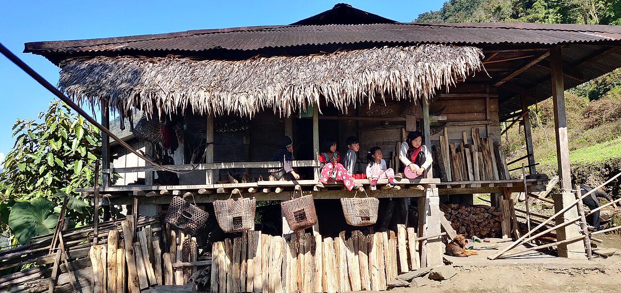 A traditional bamboo house of the Adi, of the kind built across the Lhoba country