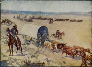 A depiction of the Voortrekkers of the Great Trek, a foundational Afrikaner tradition.
