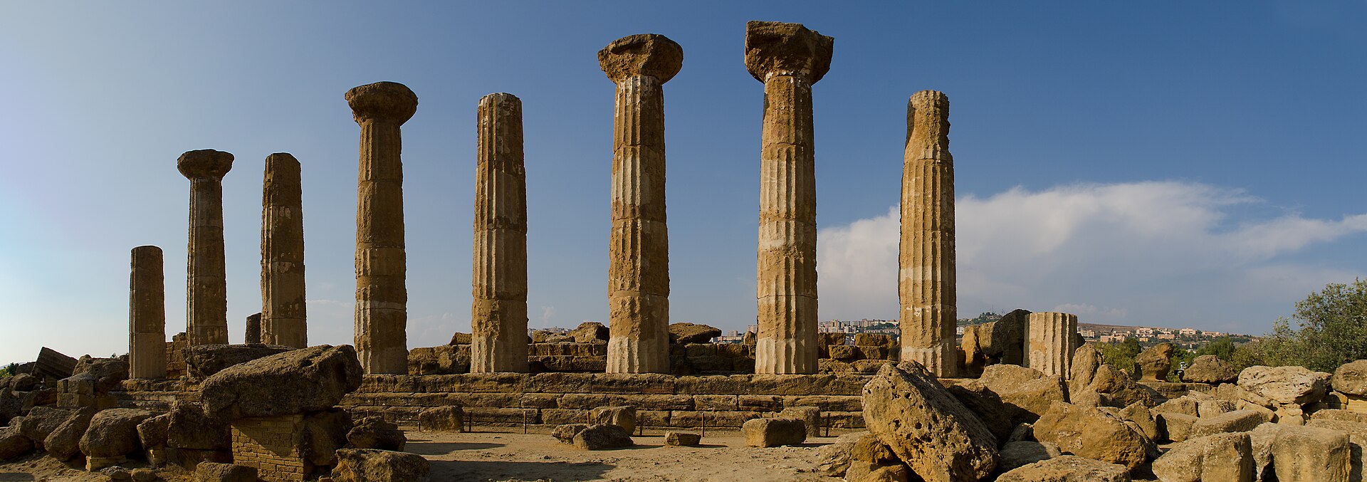 The Valley of the Temples of Agrigento amid almond trees and the Sicilian landscape.