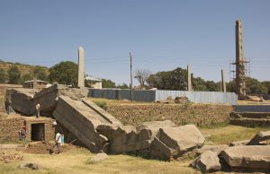 A towering carved stele at Aksum, marker of the tombs of an ancient Ethiopian kingdom.