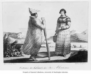 An Aleut man in a hunting hat and fur clothing, from the Aleutian Islands.