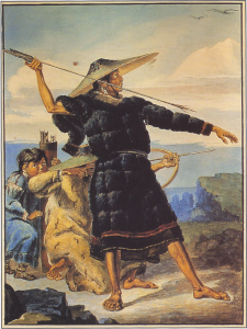 An Aleut in ceremonial festival dress, painted by Tikhanov.