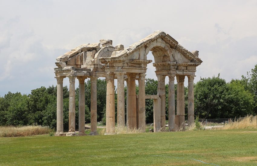The restored Tetrapylon, the monumental gateway of Aphrodisias in Turkey.