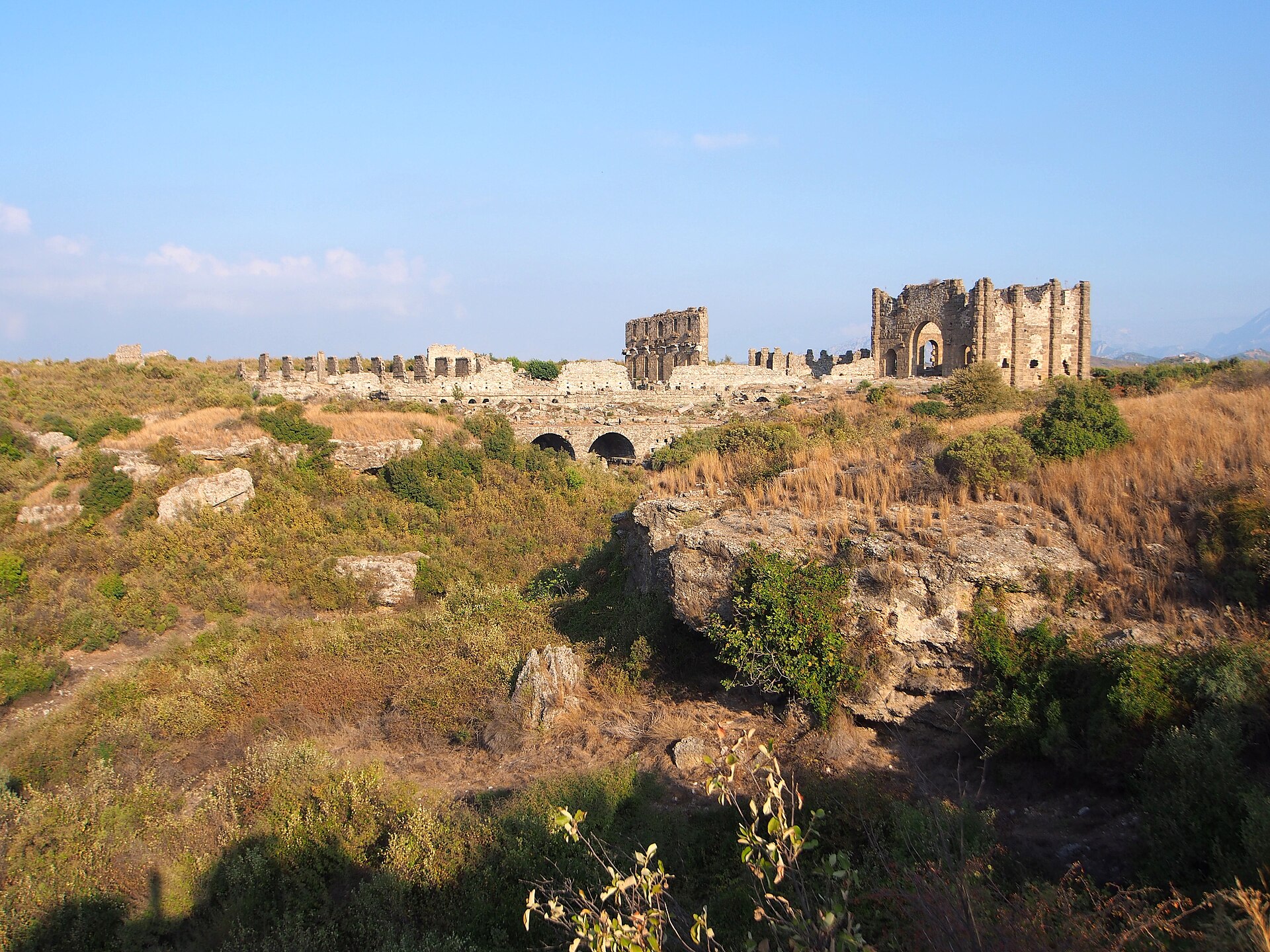 The ruins of the upper city of Aspendos above its famous theatre.