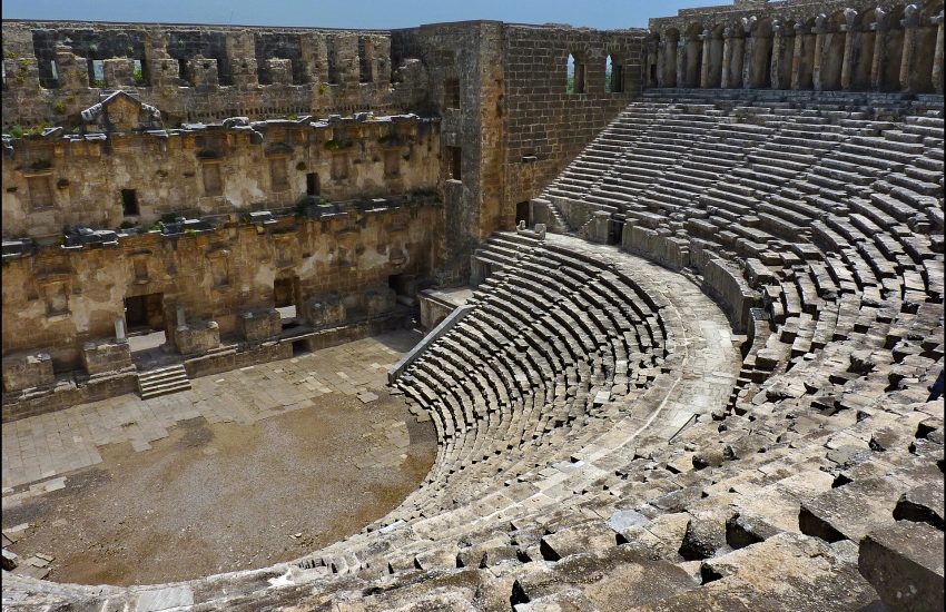 The magnificently preserved Roman theatre of Aspendos in southern Turkey.