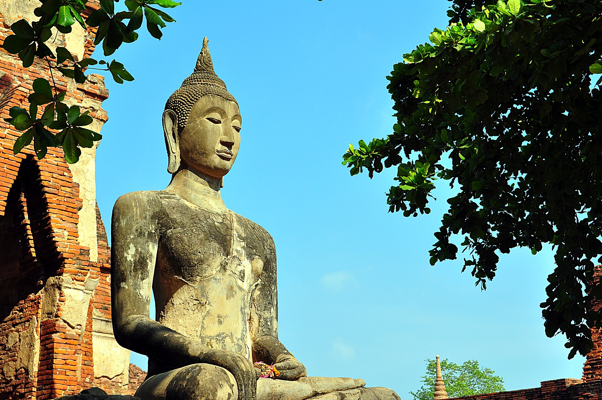 A row of seated Buddha images among the ruins of Ayutthaya.