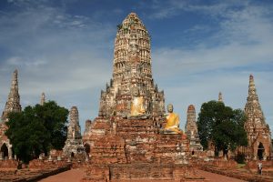 The prangs of Wat Chaiwatthanaram beside the river at Ayutthaya.