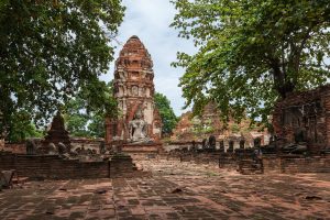The temples of Ayutthaya glowing at dusk.