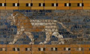 The reconstructed Ishtar Gate of Babylon, its brilliant blue glazed bricks now in Berlin.