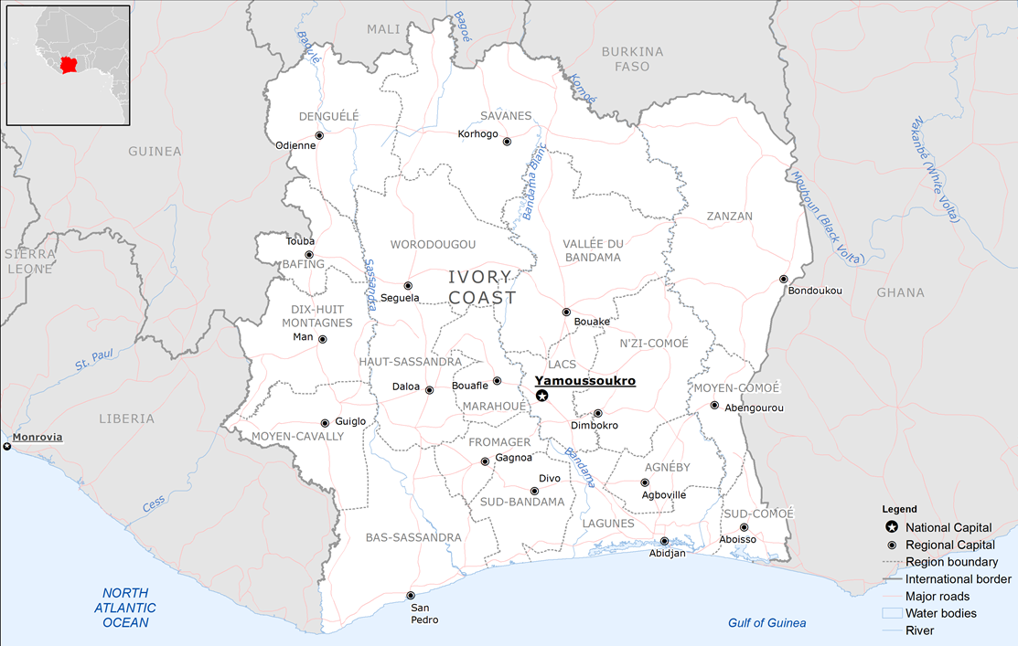 A map of Côte d'Ivoire, whose central region is the Baoulé homeland.