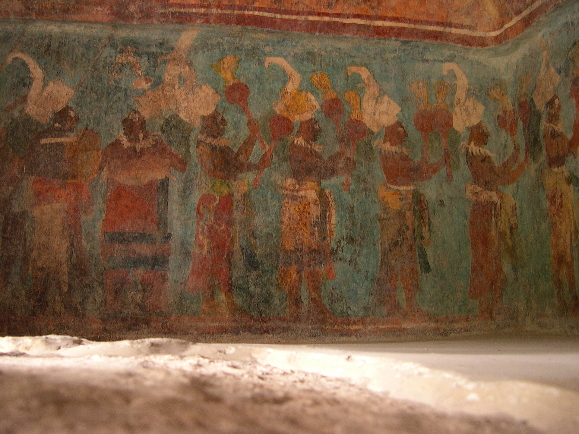 A section of the famous battle murals of Bonampak, vivid after twelve centuries.