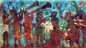 Painted musicians and attendants in a great procession at Bonampak.