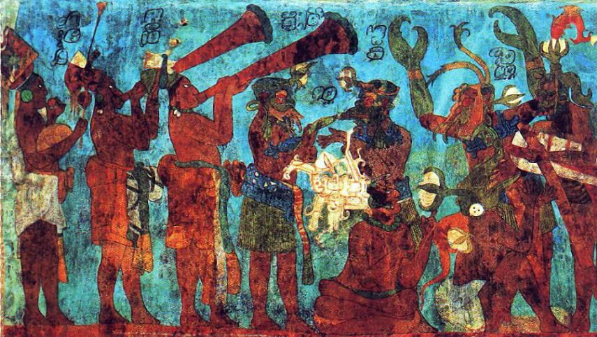Painted musicians and attendants in a great procession at Bonampak.