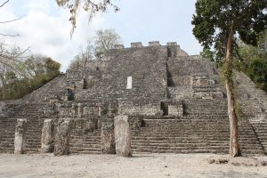 The great pyramid of Calakmul rising above the rainforest of southern Mexico.