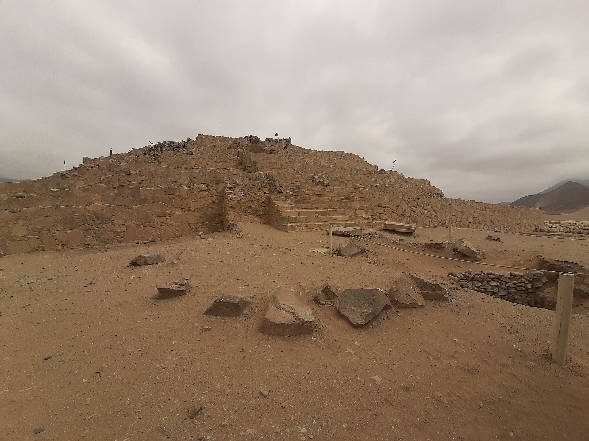 A stone staircase leading up one of Caral's ceremonial pyramids