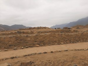 Stone retaining walls of Caral's monumental architecture, still standing after millennia