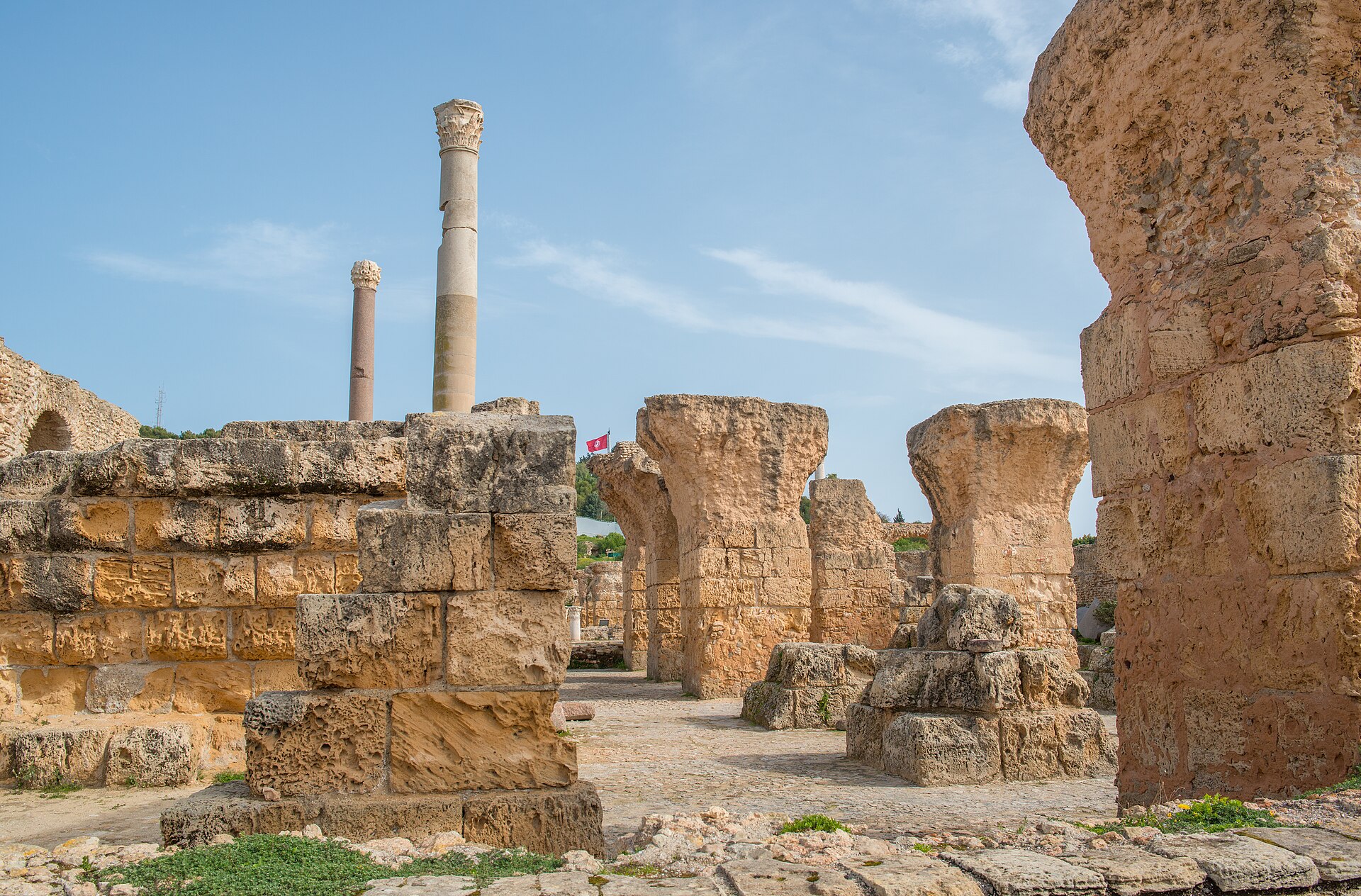 Columns of the seaside Antonine Baths, looking out over the Gulf of Tunis.