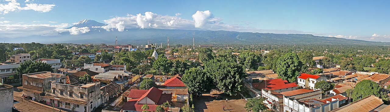 A panorama of Moshi, the modern town at the foot of Kilimanjaro.