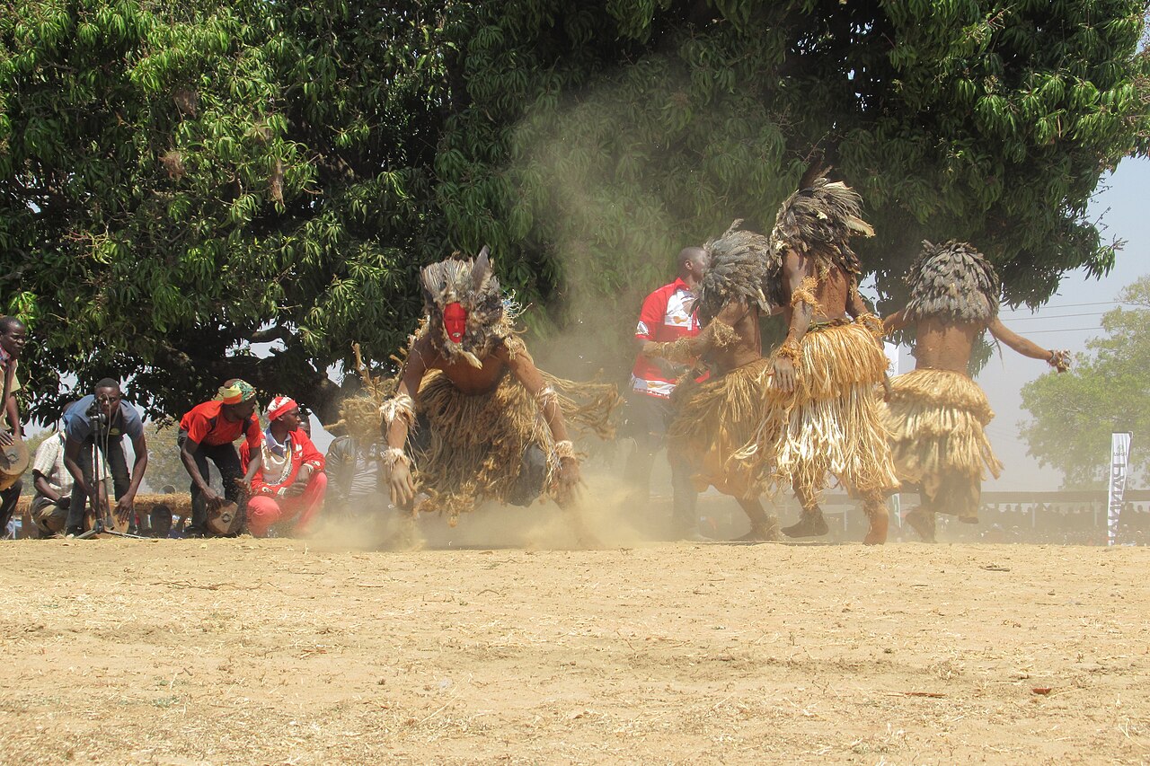 Nyau dancers; the Nyau secret society is central to Chewa social and ritual life.