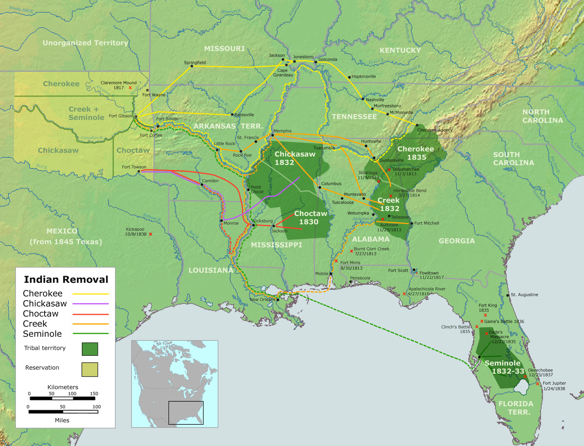 A map of the Trail of Tears, along which the Choctaw were removed to the west.